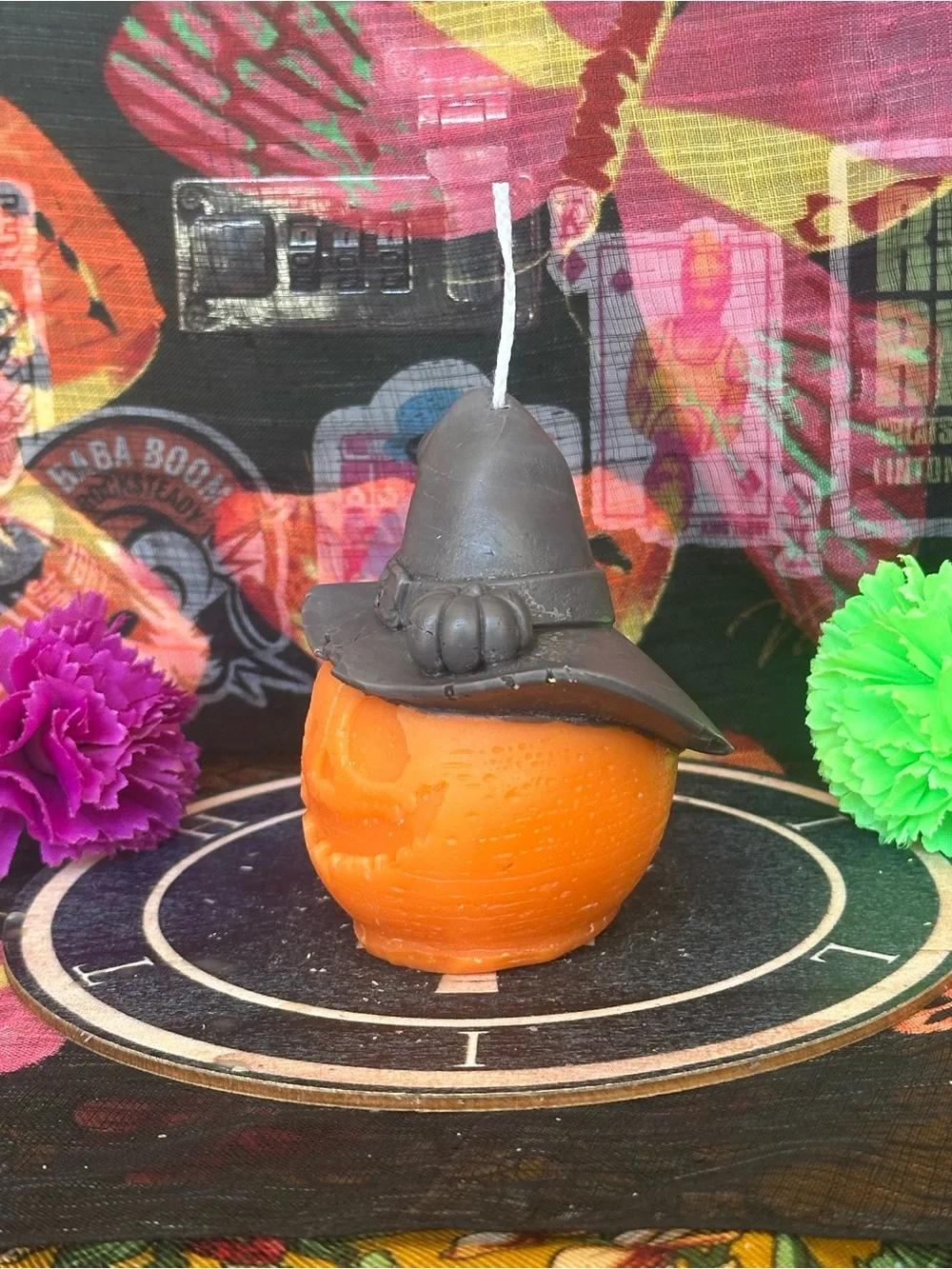 Hand Crafted Orange Pumpkin Candle with Black Witch Hat